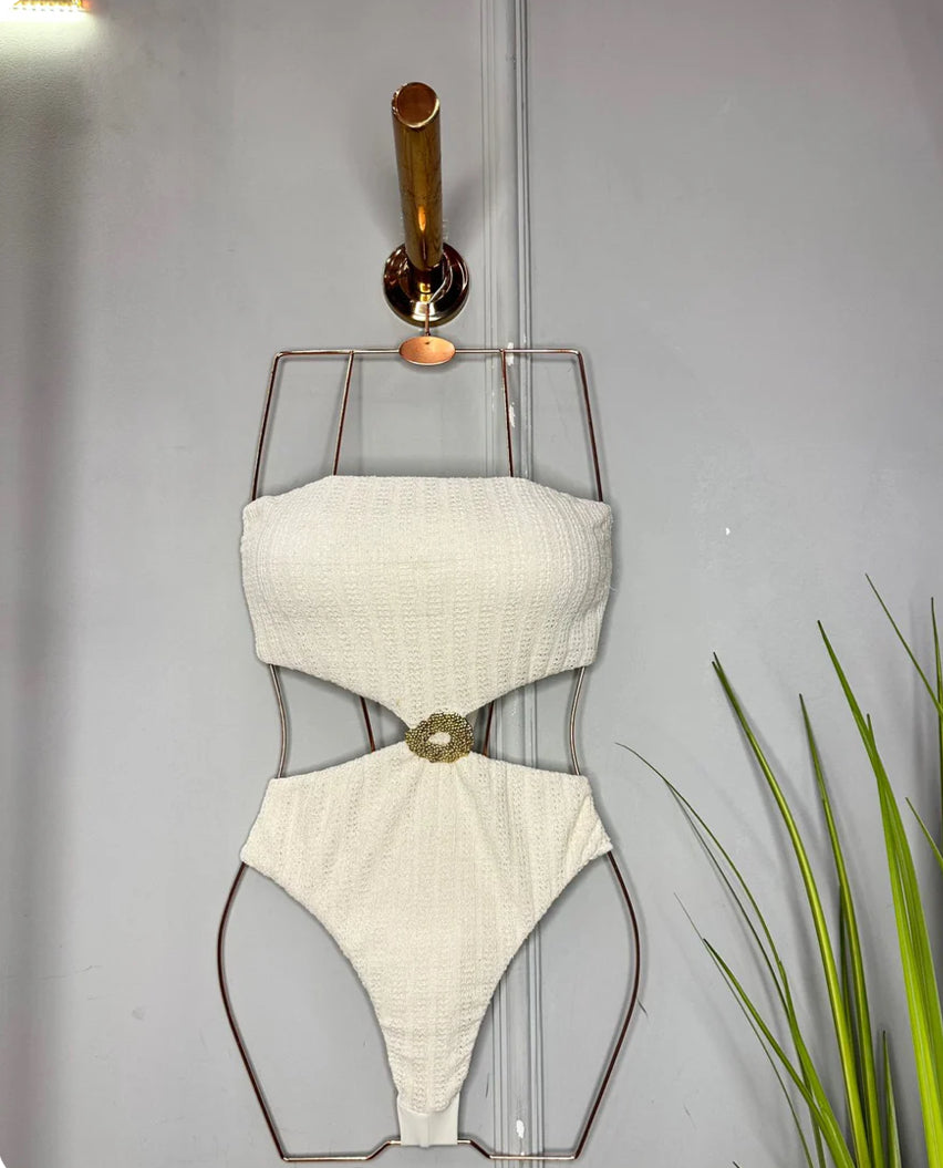 Bahia Off white color asymmetrical swimsuit with textured fabric
