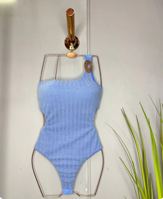 Blue color asymmetrical  swimsuit with textured fabric