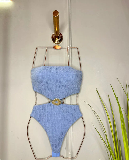 Bahia Blue color asymmetrical swimsuit with textured fabric